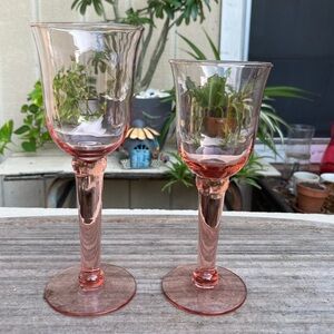 Vintage Pair of Pink Blown Glasss Wine Glasses~8-3/4” and 7-3/4” tall